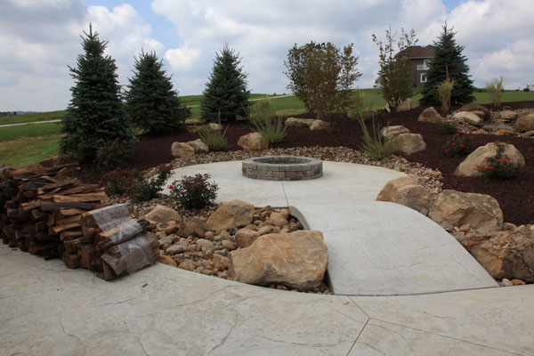 Rustic Stamped Concrete Firepit Patio